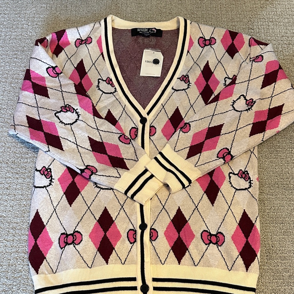 Forever 21 Hello Kitty Pink and Cream Argyle Cardigan